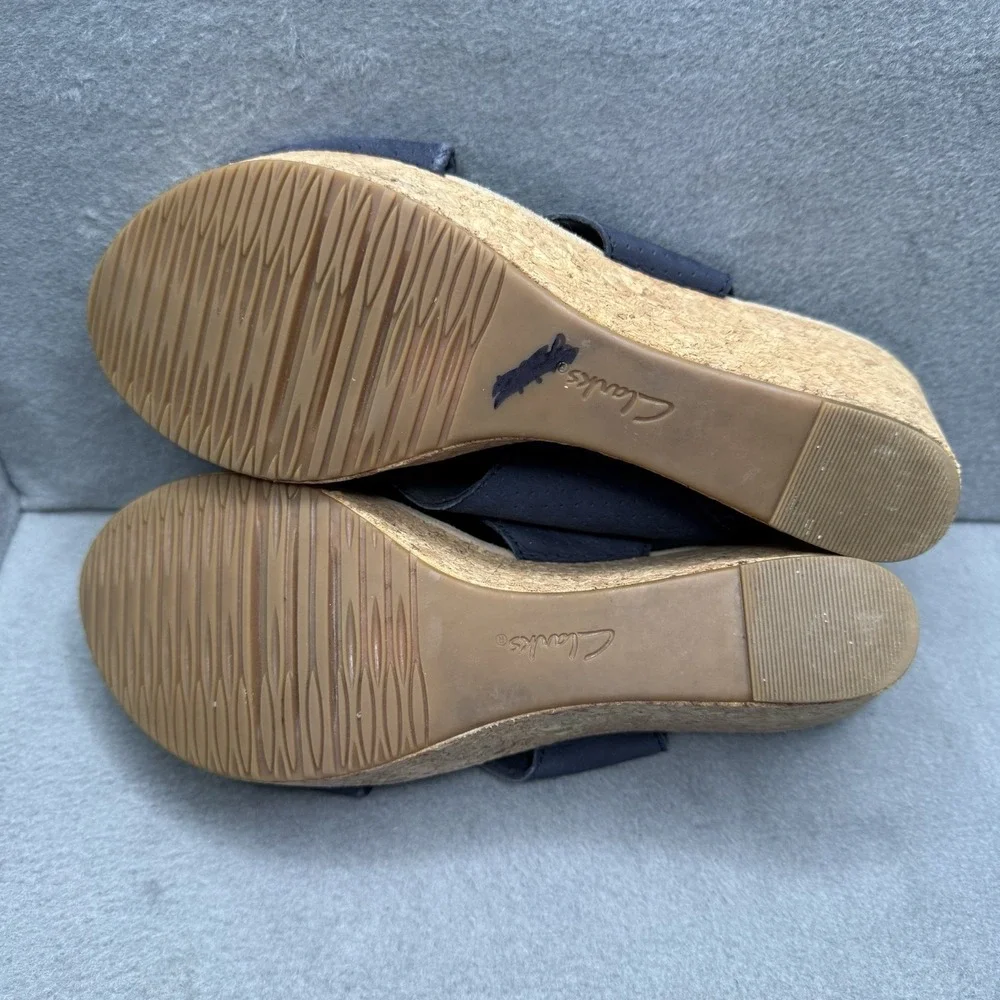 Clarks Annadel Parker Black Open Toe Cork Wedge Sandals Comfort Shoes Sz 9